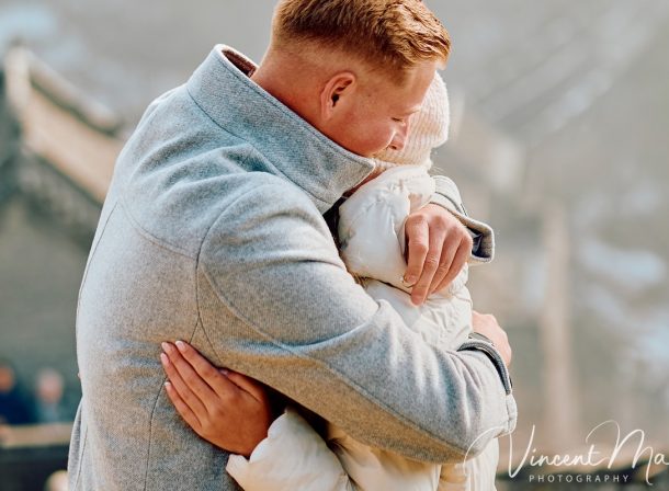 Romantic Mutianyu Great Wall Winter Proposal couple shot