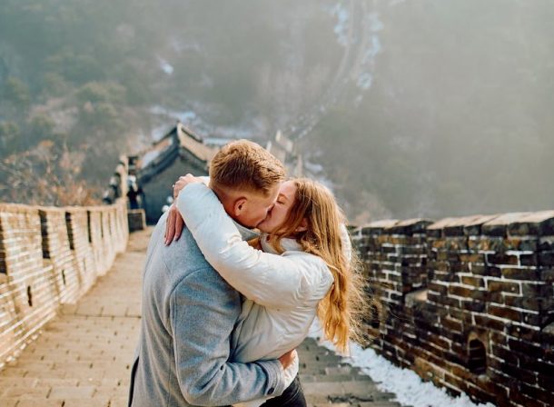 Romantic Mutianyu Great Wall Winter Proposal couple shot