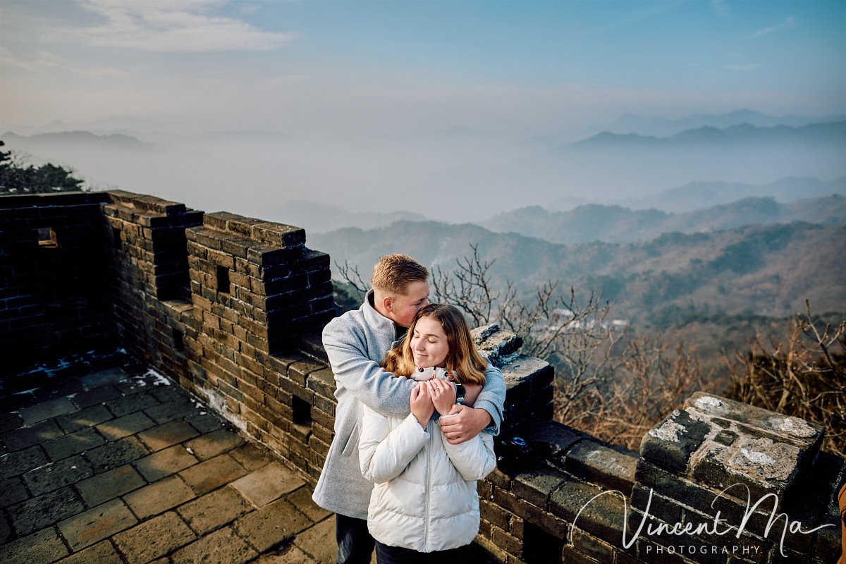 South African couple proposal at Mutianyu Great Wall Watchtower 7 in winter