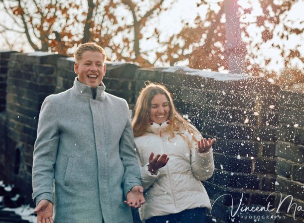 Romantic Mutianyu Great Wall Winter Proposal couple shot