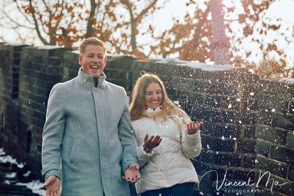South African couple proposal at Mutianyu Great Wall Watchtower 7 in winter