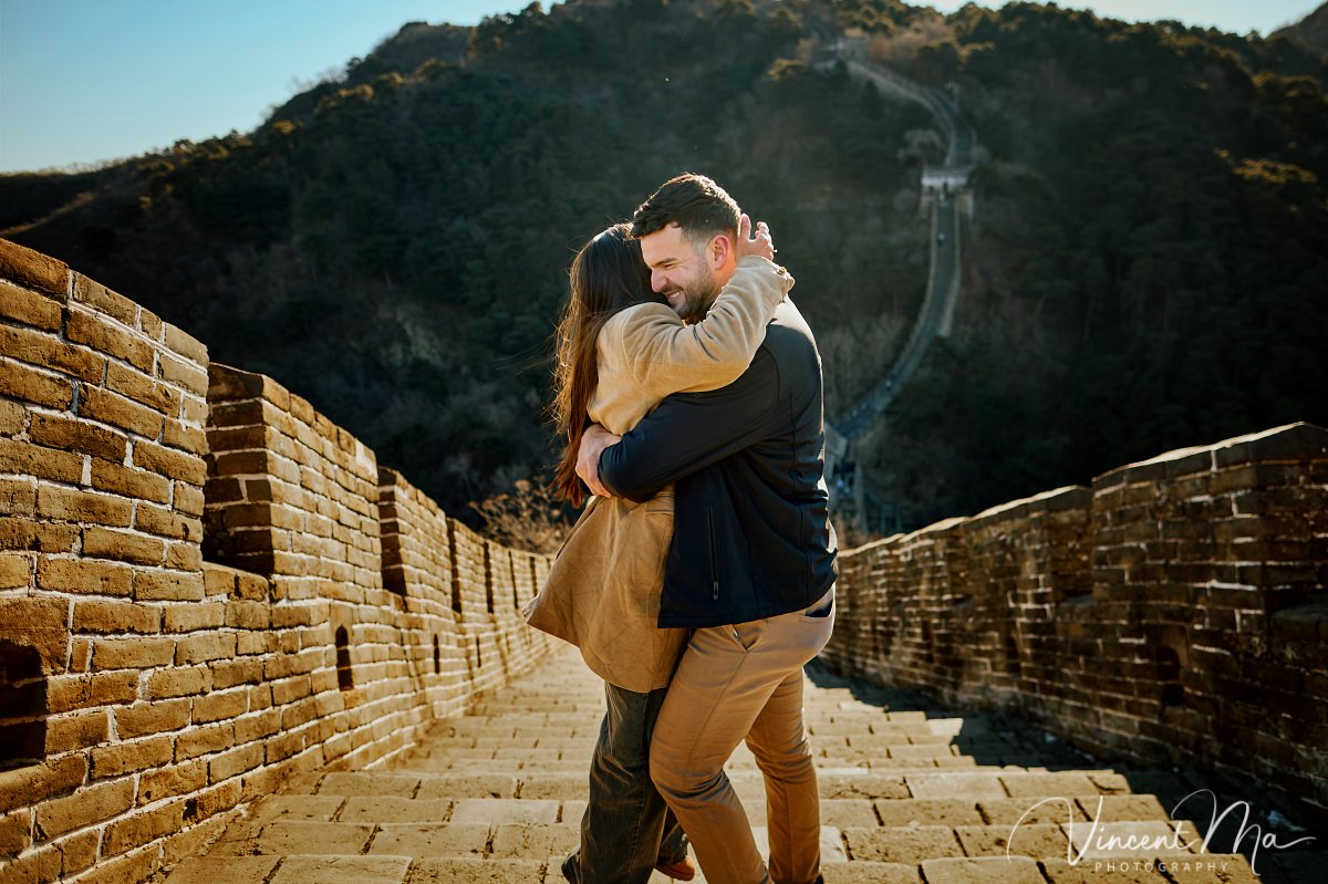 Couple celebrating Mutianyu Great Wall Proposal 2026 at Watchtower 6
